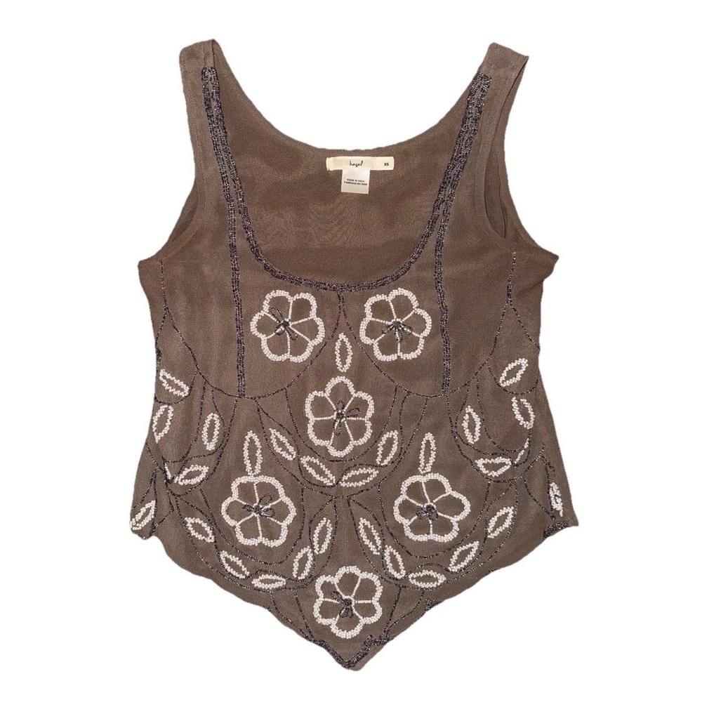 Hazel Brown & Silver/White Floral Design Beading V Neck Cropped Tank Top Size XS